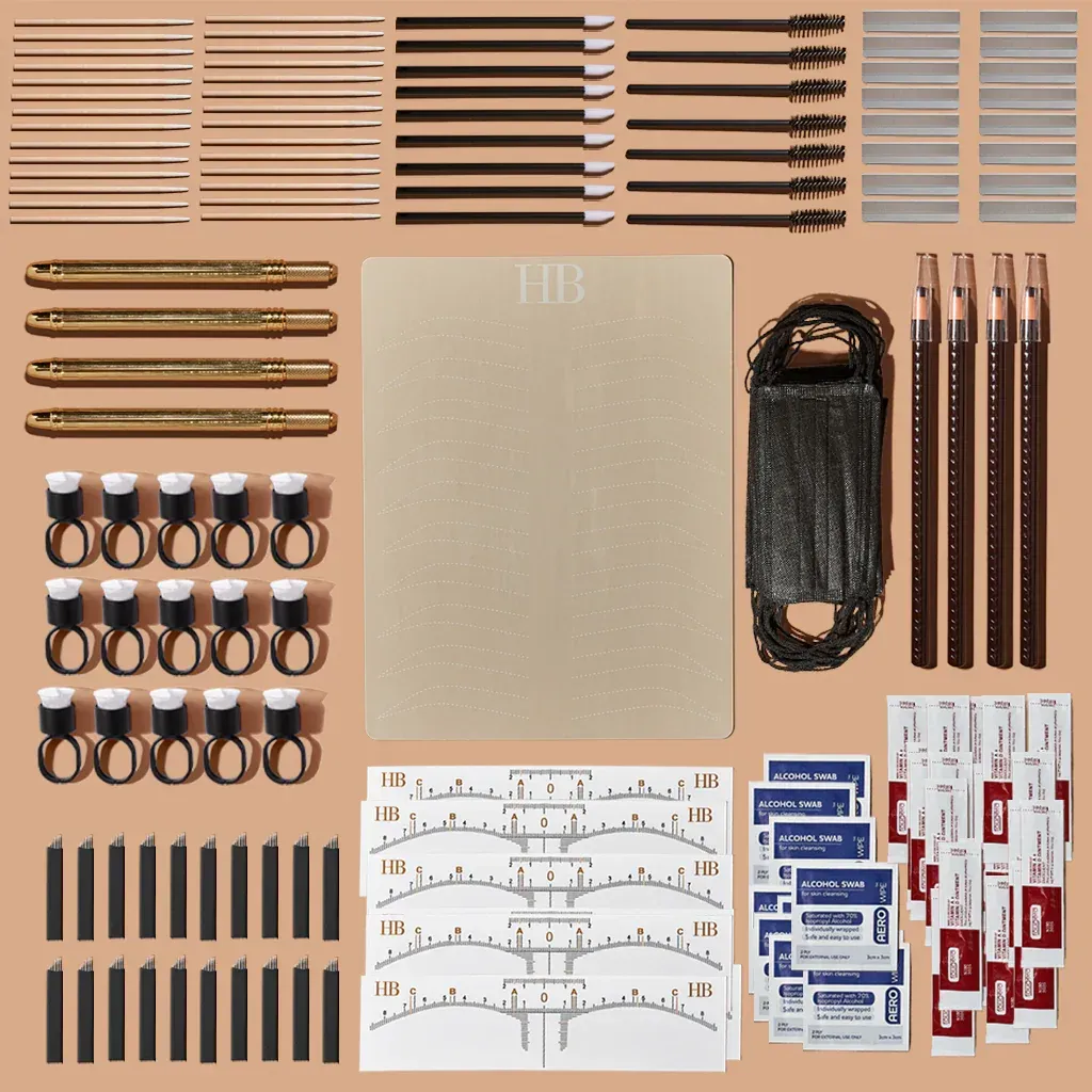 Kit of various 3D printer parts, including rods, wires, connectors, and a heated bed, arranged on a tan surface.