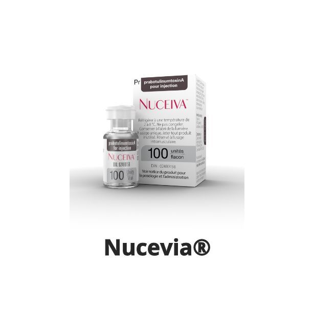 Nucevia bottle and box. White box with text, bottle with clear liquid.