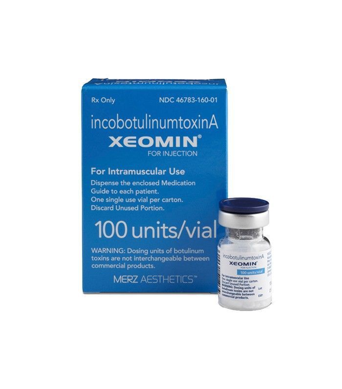 Box and vial of Xeomin (incobotulinumtoxinA) for intramuscular injection. Blue box, white vial, Merz Aesthetics.
