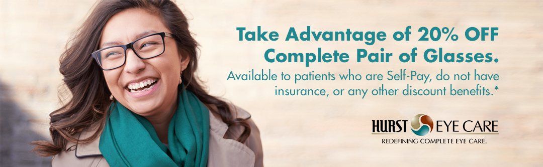 Woman wearing glasses smiling, advertisement for 20% off glasses at HIRST EYE CARE.