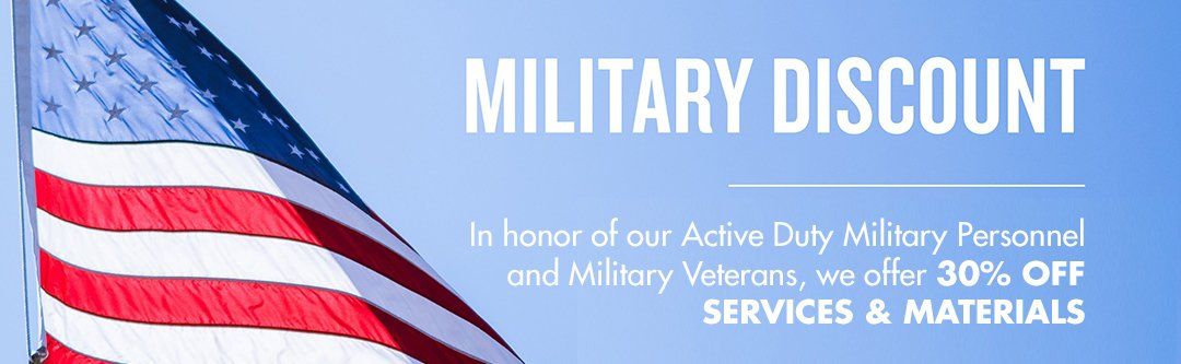 American flag background with text: Military Discount; 30% off services and materials.