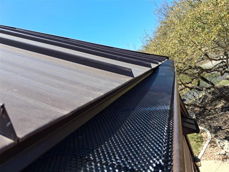 Metal roof edge with gutter guard and tree branches under a clear blue sky