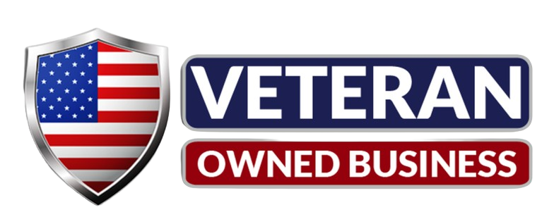 A veteran owned business logo with an american flag on a shield.