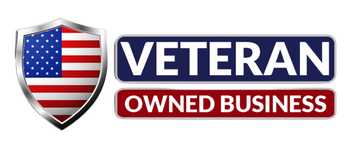 A veteran owned business logo with an american flag on a shield.