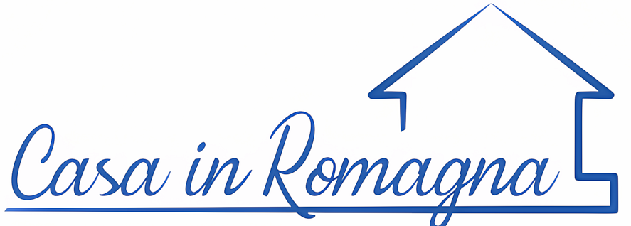 Logo per Casa in Romagna, agenzia immobiliare italiana, con testo in corsivo blu e contorno della casa.