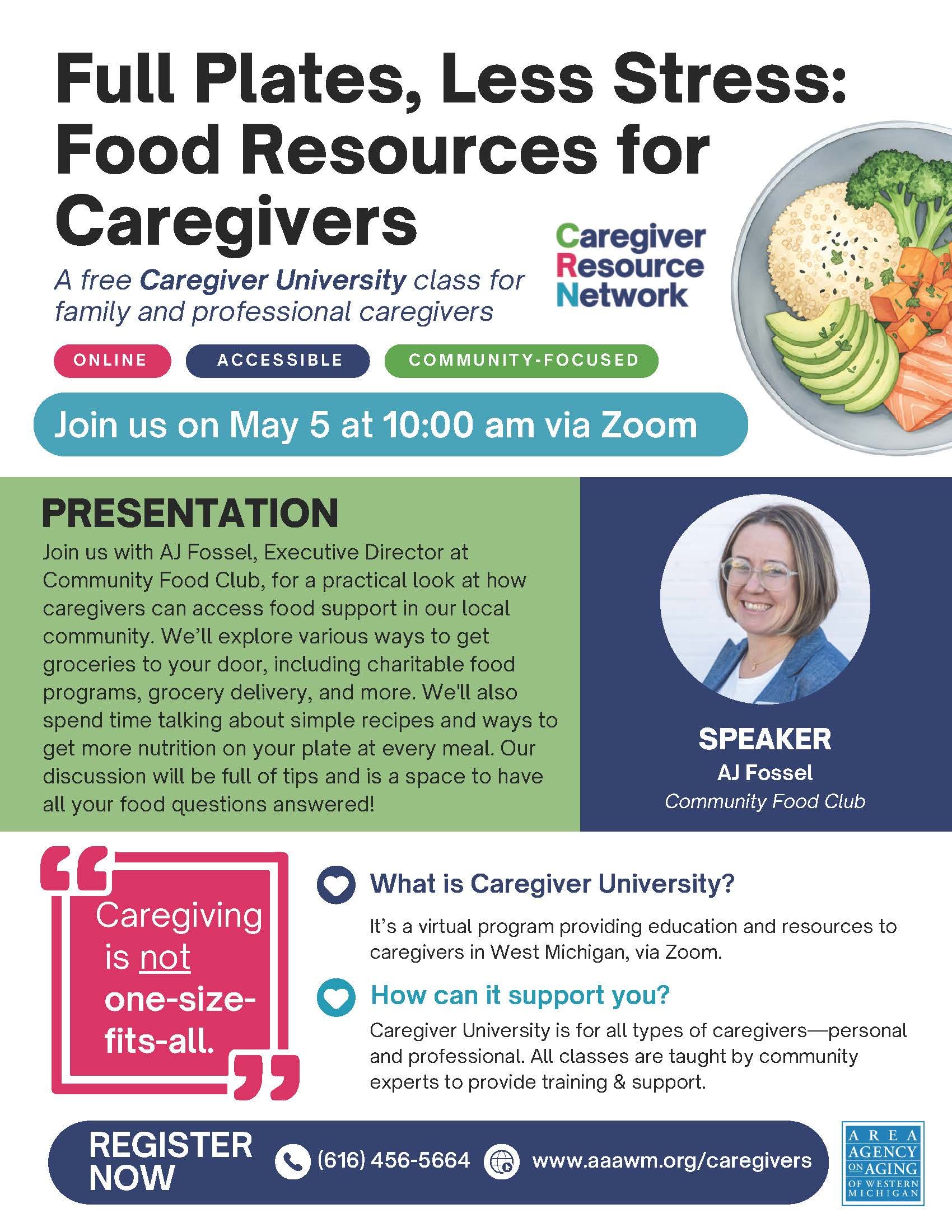 Caregiver University  Flyer for May 5 Presentation about Food Resources for Caregivers