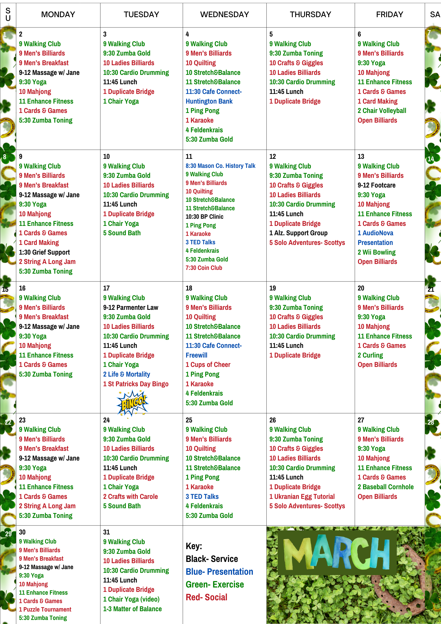 March 2026 Ludington Area Senior Center Calendar of Activitis