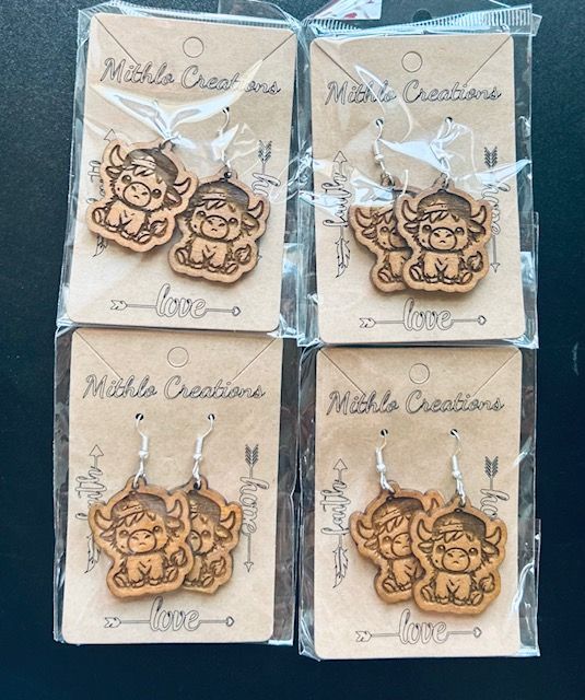 Highland Cow Hat and feather Wood Earring