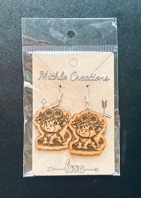 Highland Cow Sunflower Wood Earrings