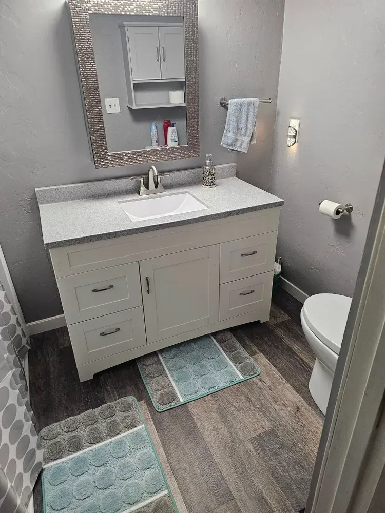 A bathroom with a sink , toilet and mirror.