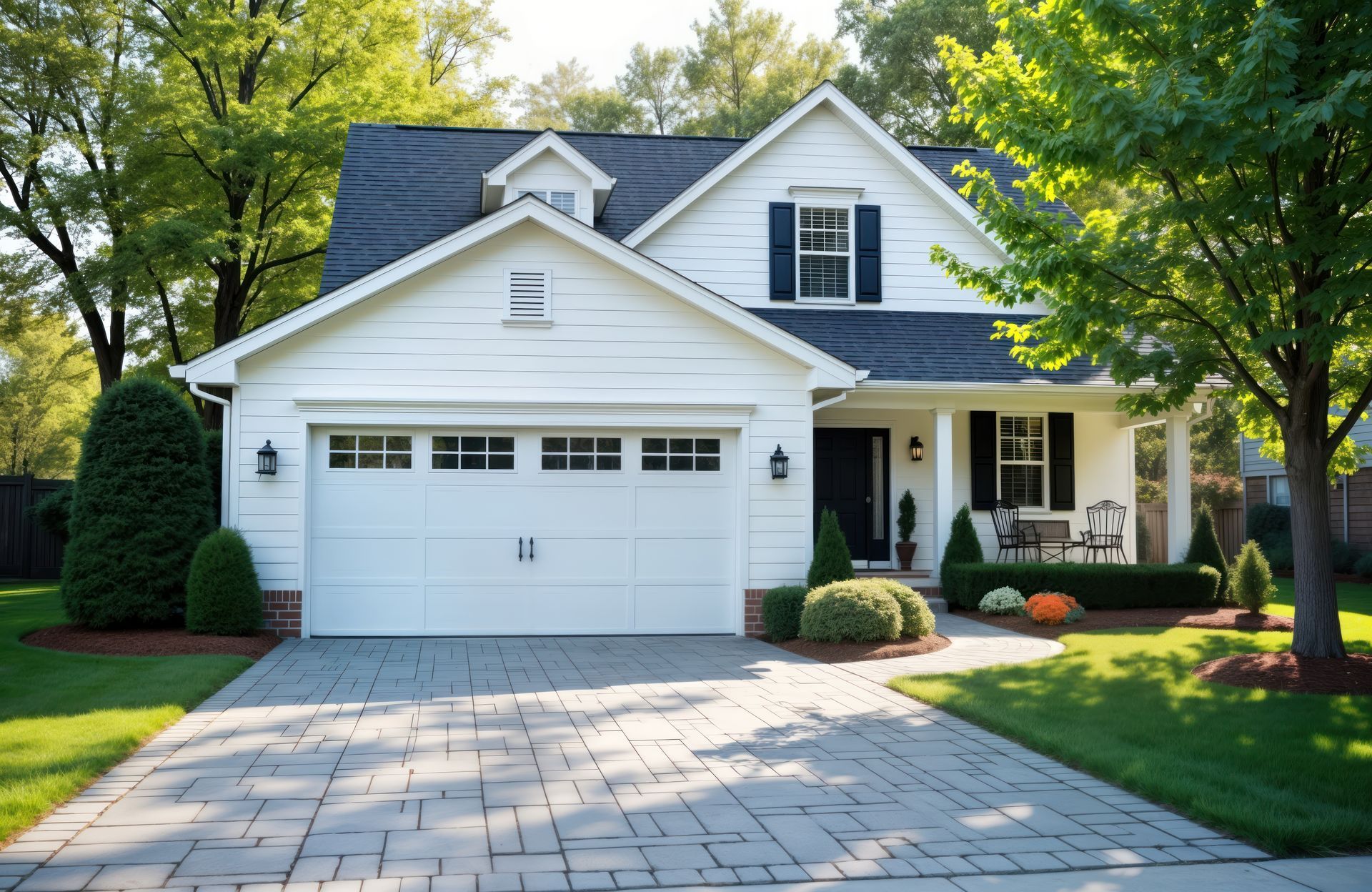Maison blanche avec une allée en briques grises et une pelouse verte. La maison dispose d'un garage et d'une véranda.