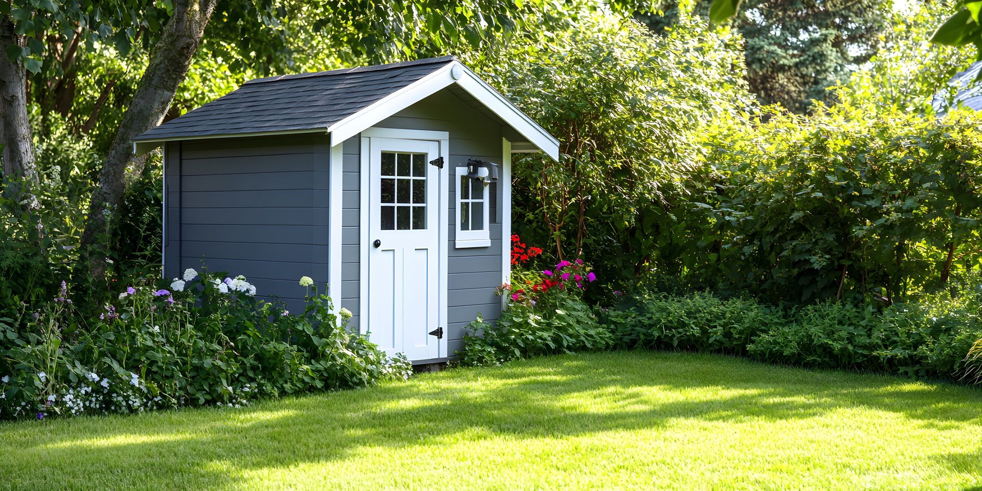Un petit hangar gris avec une porte et des garnitures blanches se trouve dans un beau jardin par une journée ensoleillée.