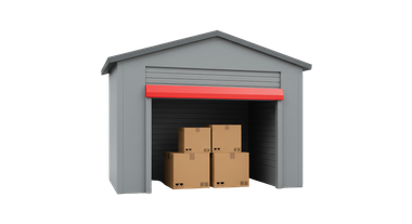 Abri de rangement gris avec une porte rouge et des cartons à l'intérieur.