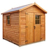 Abri en bois avec portes doubles, fenêtre et toit en métal.