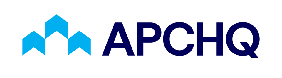 Logo avec des formes géométriques bleues et les lettres APCHQ en bleu foncé.