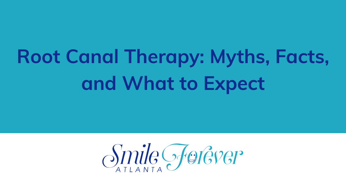 A blue background with the words `` root canal therapy : myths , facts , and what to expect ''