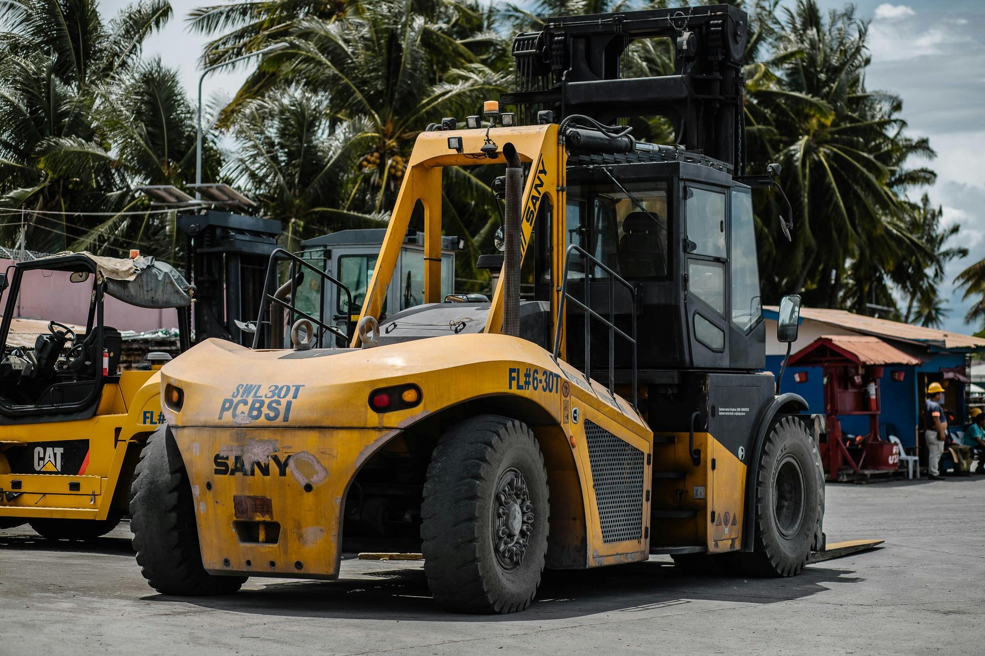 Yellow SANY forklift parked outdoors. Other vehicles and palm trees visible in the background under a cloudy sky.
