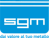 A blue and white logo for sgm dai valore al tuo metallo