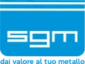 Logo SGM blu con testo bianco e slogan &ldquo;dai valore al tuo metallo&rdquo;