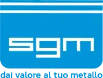 Logo SGM blu con testo bianco e slogan &ldquo;dai valore al tuo metallo&rdquo;