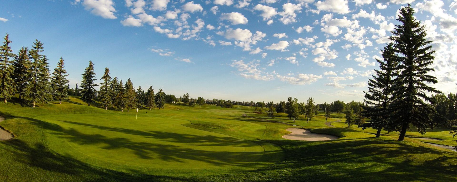 Green golf course under a blue sky with fluffy clouds and trees.