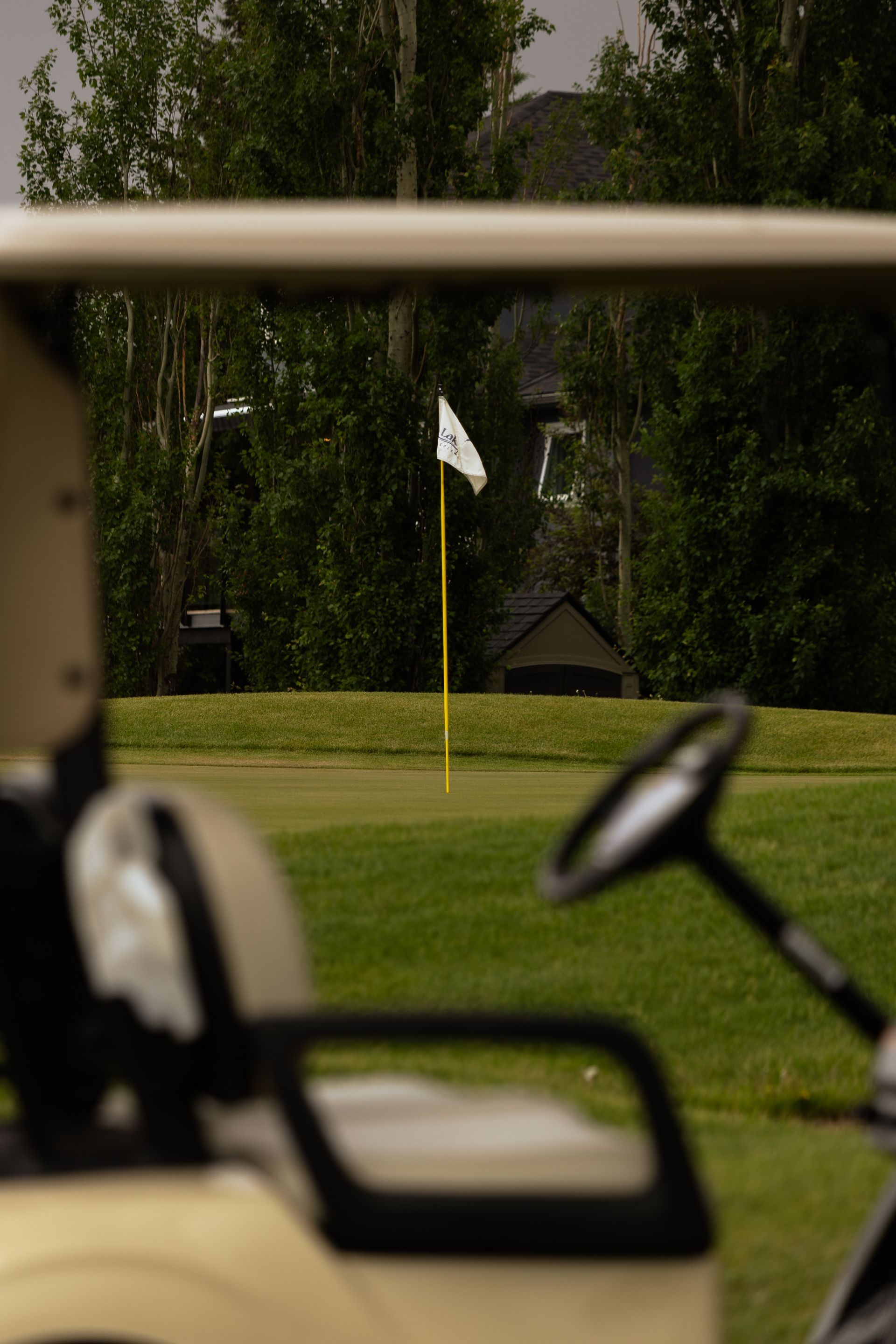 A golf flag on a green, viewed through the frame of a golf cart with a steering wheel in the foreground.