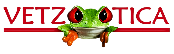 Logotipo de VETZOCTICA con una rana verde en una rama entre letras y líneas rojas.