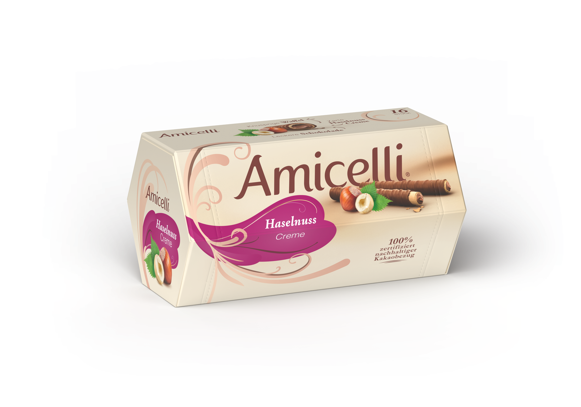 Produktabbildung der Amicelli 150 g Verpackung. Davor liegt ein Waffelröllchen und zwei Haselnüsse.