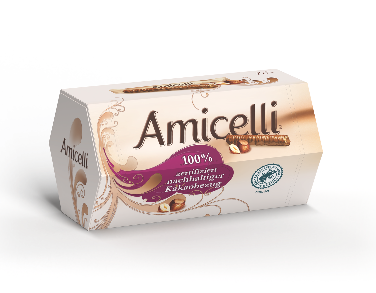 Produktabbildung der Amicelli 150 g Verpackung. Davor liegt ein Waffelröllchen und zwei Haselnüsse.