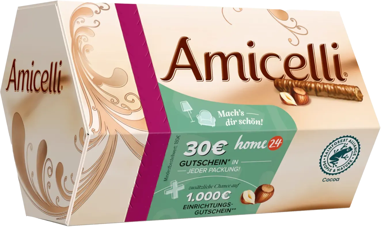 Eine Schachtel Amicelli-Pralinen mit Haselnüssen darin