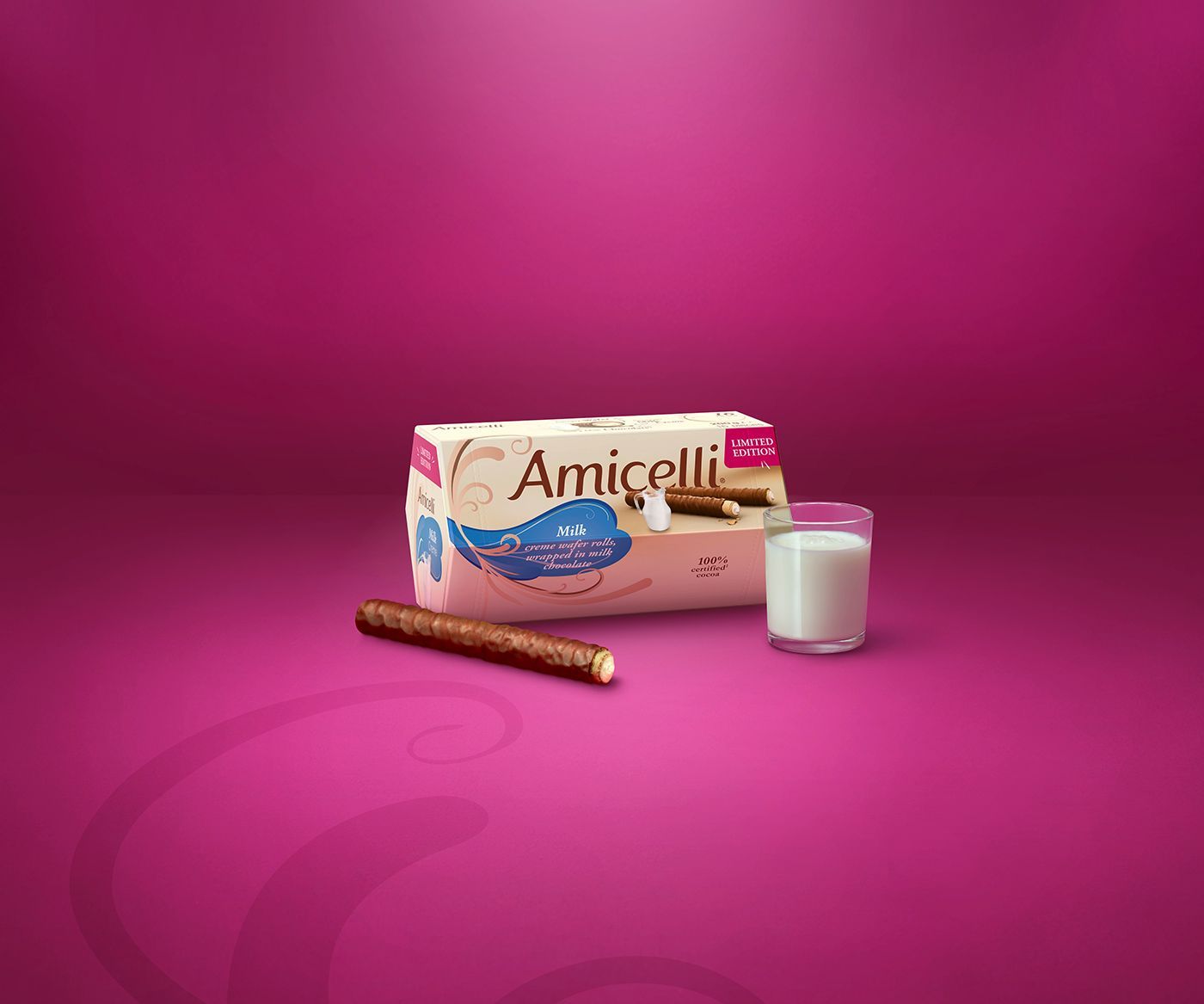 A box of amicelli cookies and a glass of milk on a pink background.
