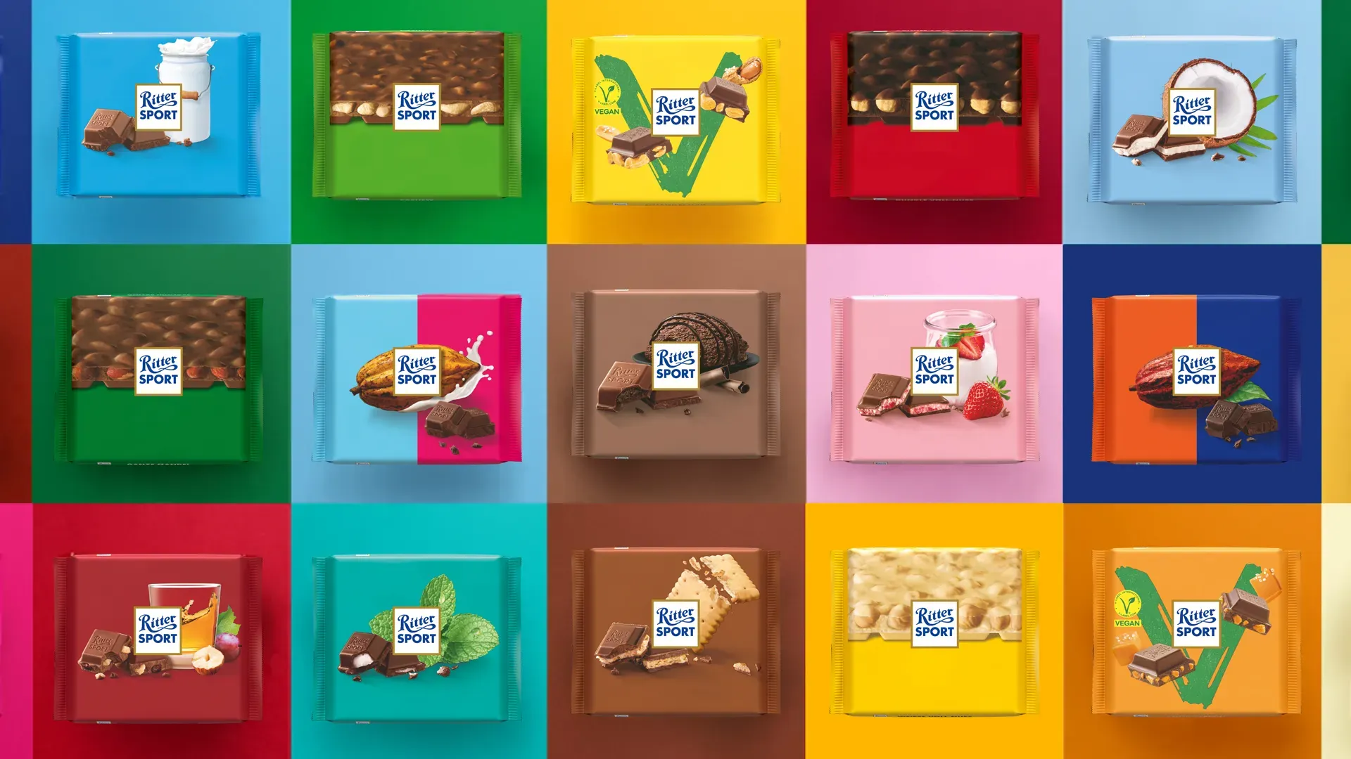 A colourful variety of Ritter Sport chocolate bars
