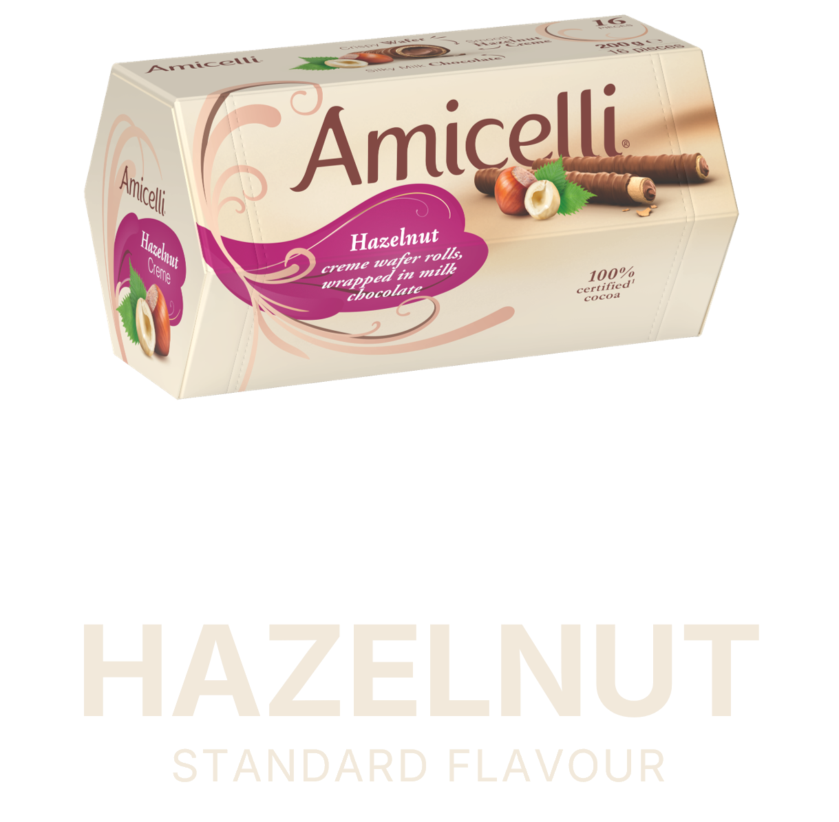 Amicelli Hazelnut Box on purple background