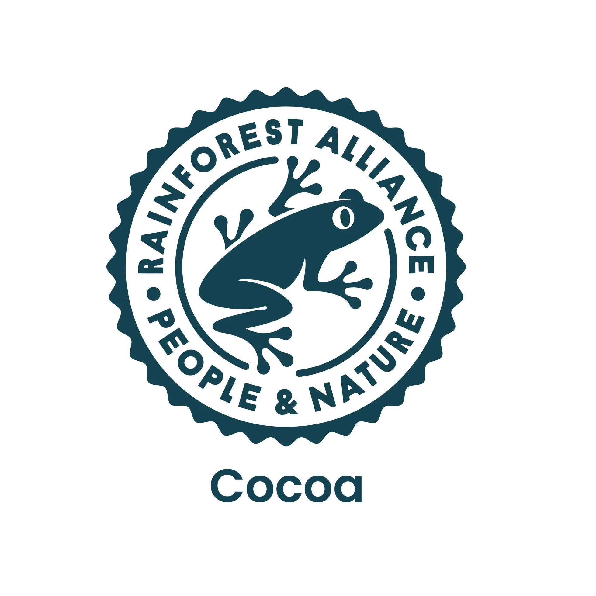 Rainforest Alliance Certified seal with a green frog icon, circular border text, and the word