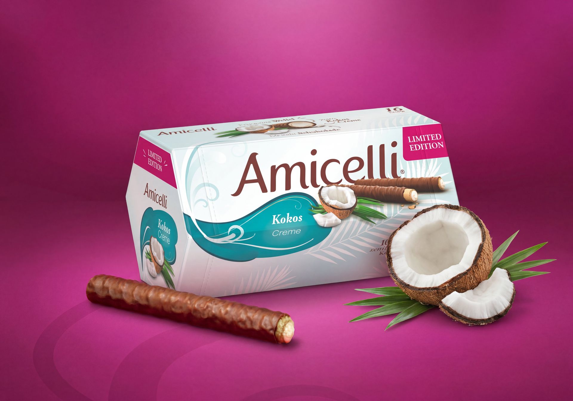 Schachtel mit Amicelli-Waffelröllchen, eine Rolle und ein Glas Milch auf rosa Hintergrund.