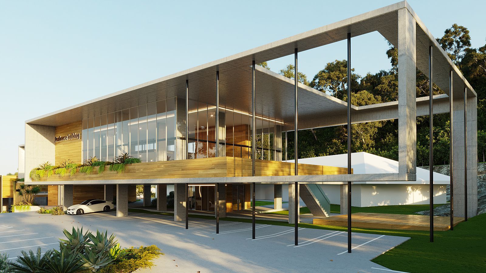 modern landscape architecture with concrete frame structure design