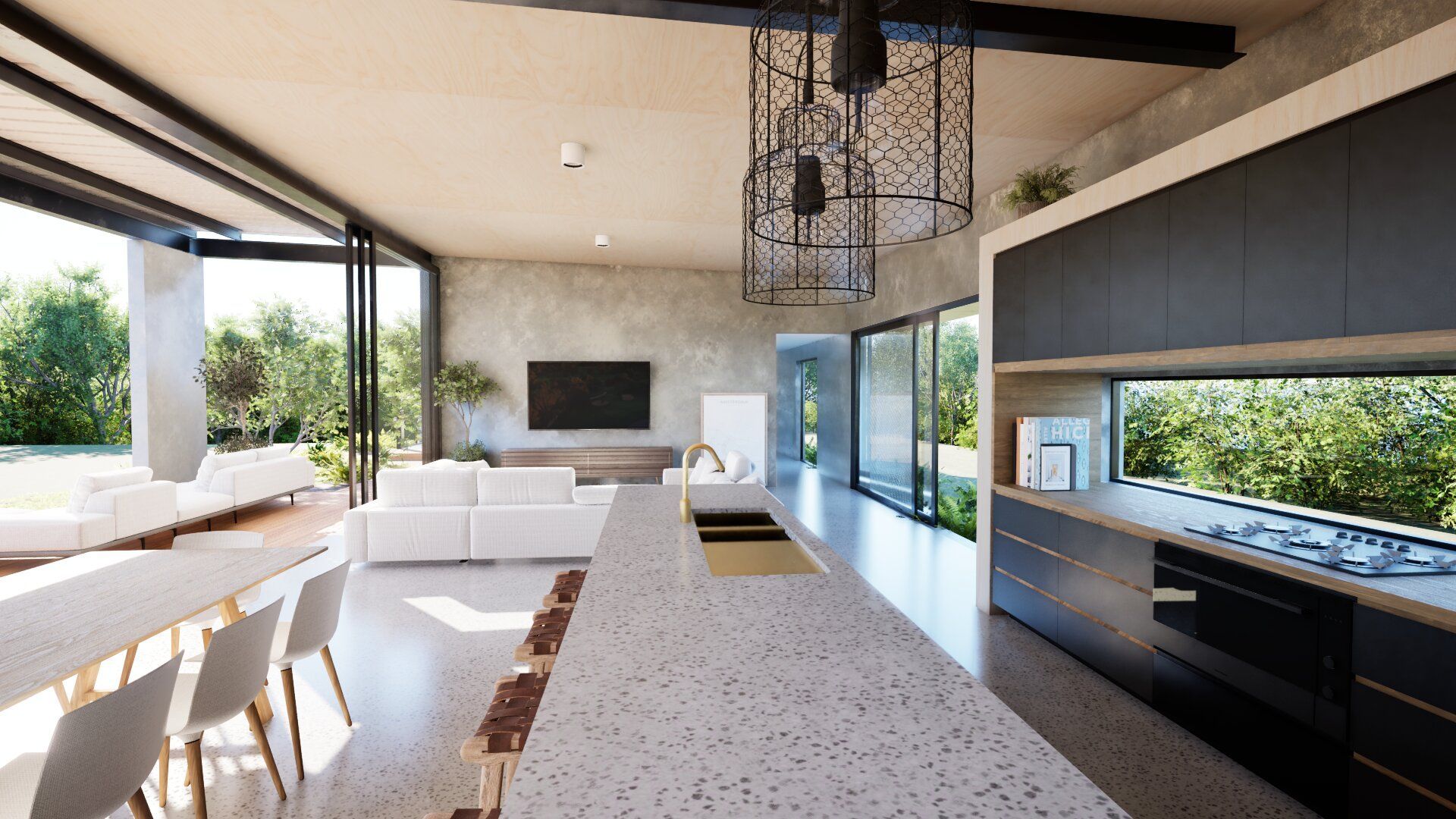 modern house with covered outdoor deck and timber flooring.