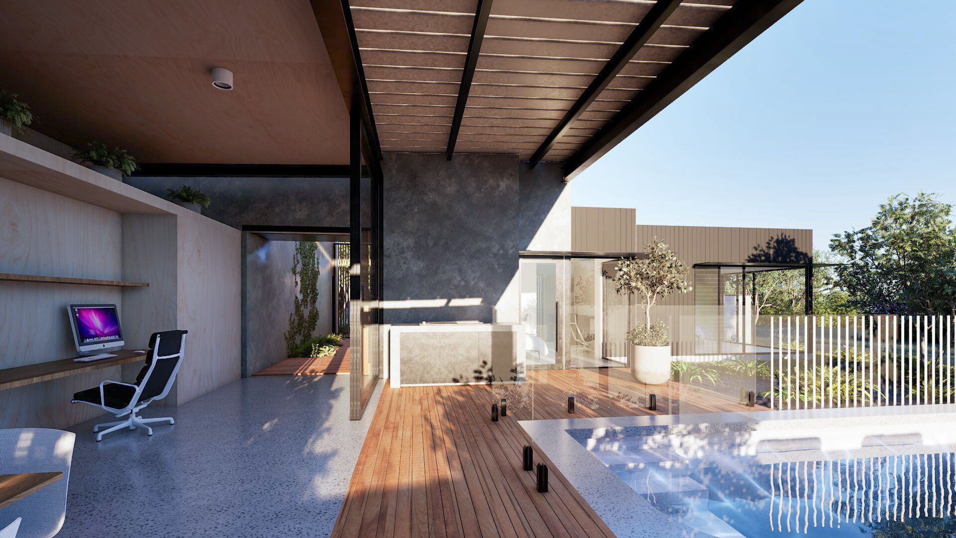 modern backyard with pool, deck, and covered outdoor living area.