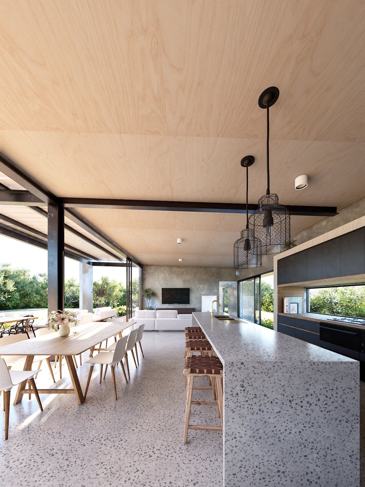 modern house with covered outdoor deck and timber flooring.