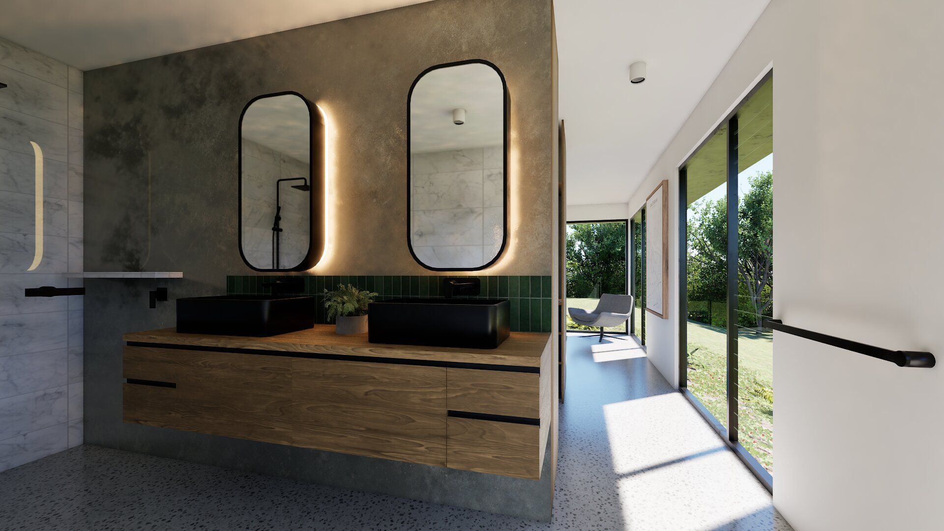 A modern bathroom with a wooden double vanity, black rectangular sinks, two arched wall mirrors, and large sliding doors.
