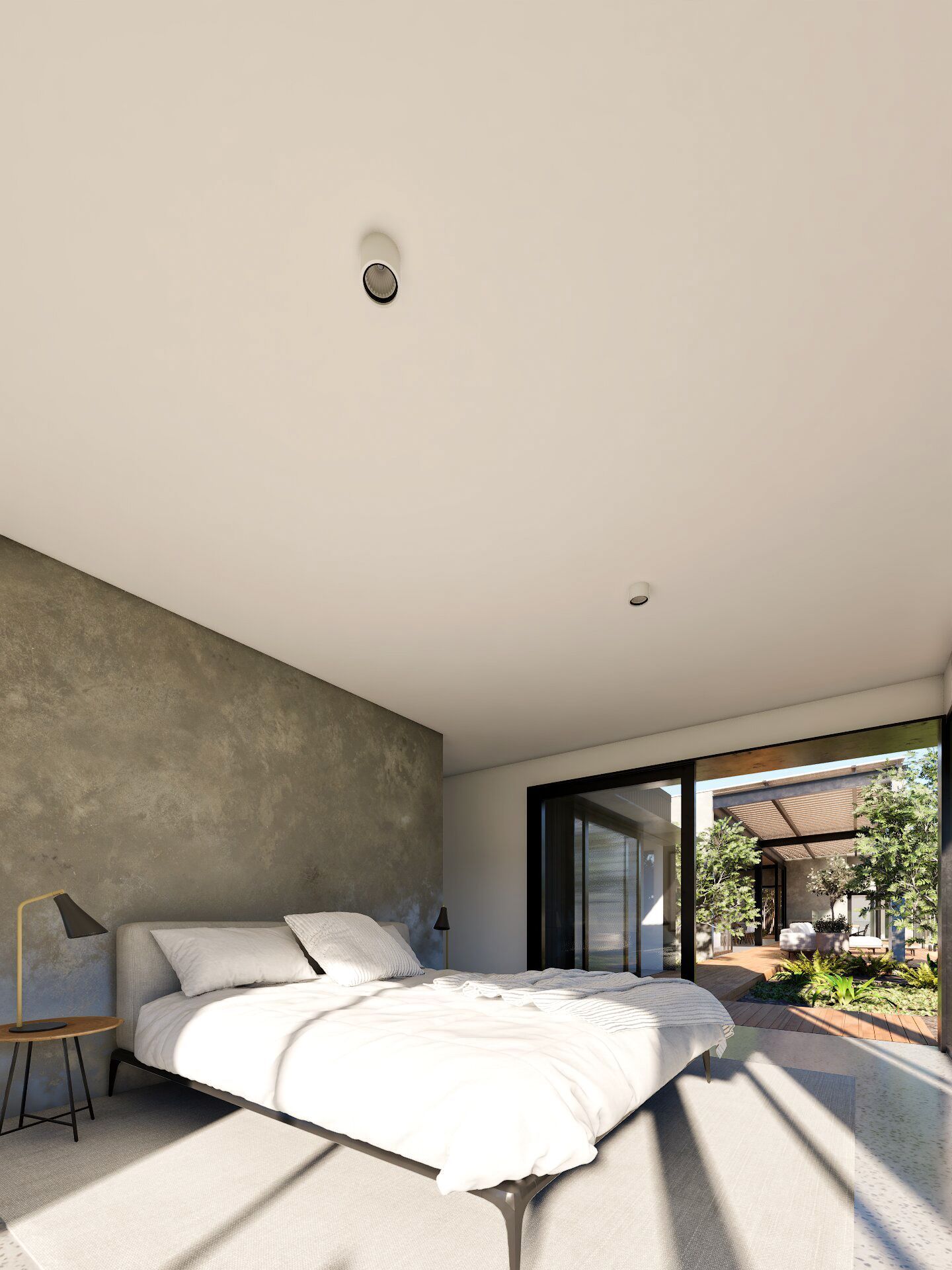 contemporary bedroom design with natural light and minimalist interior.