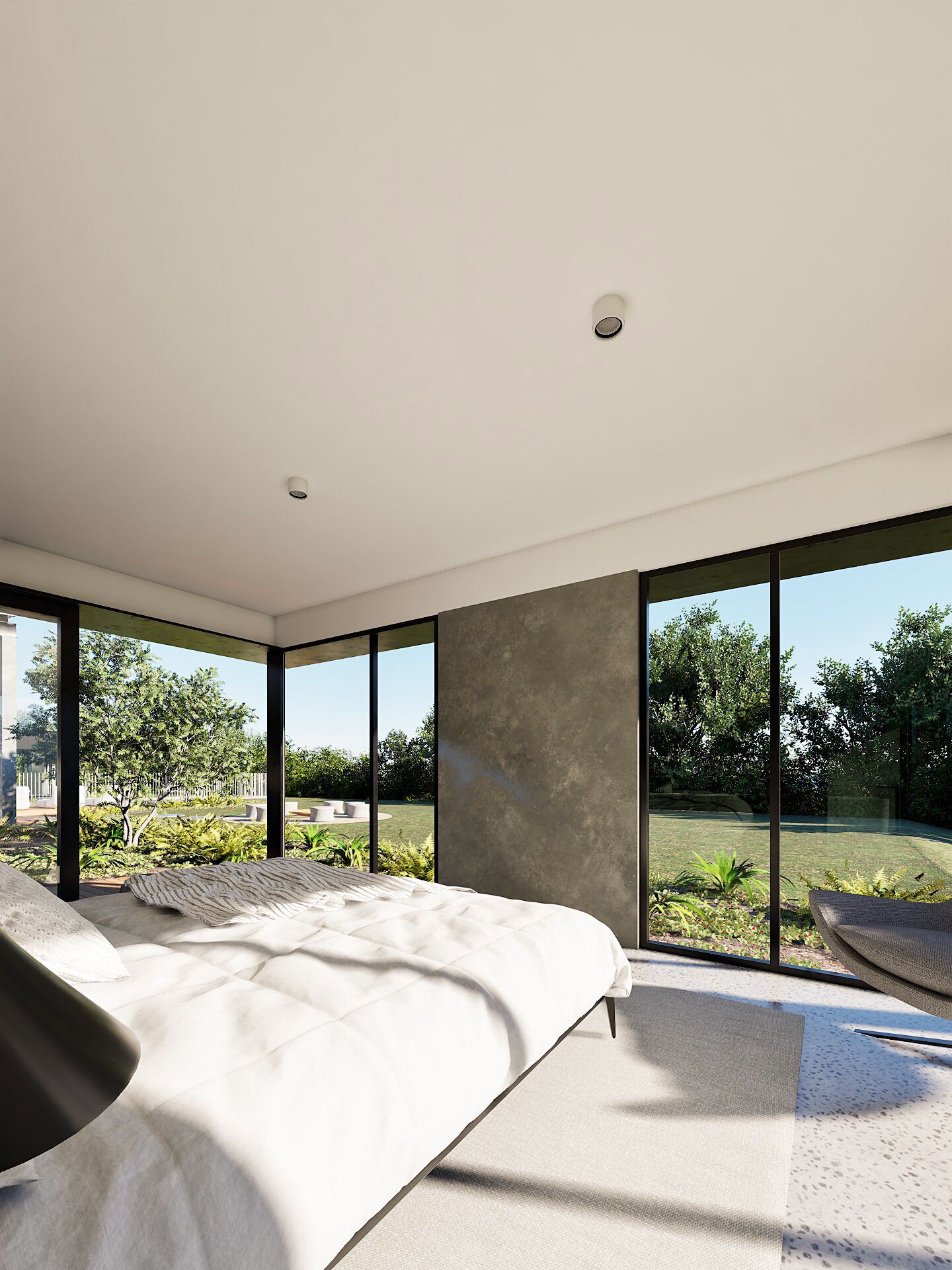 modern bedroom with floor to ceiling glass windows and garden view.