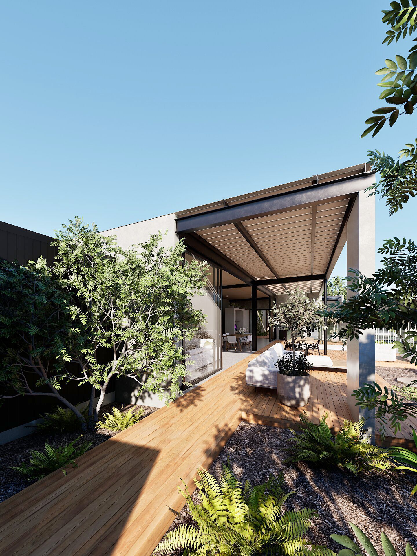 minimalist backyard design with deck seating and greenery.