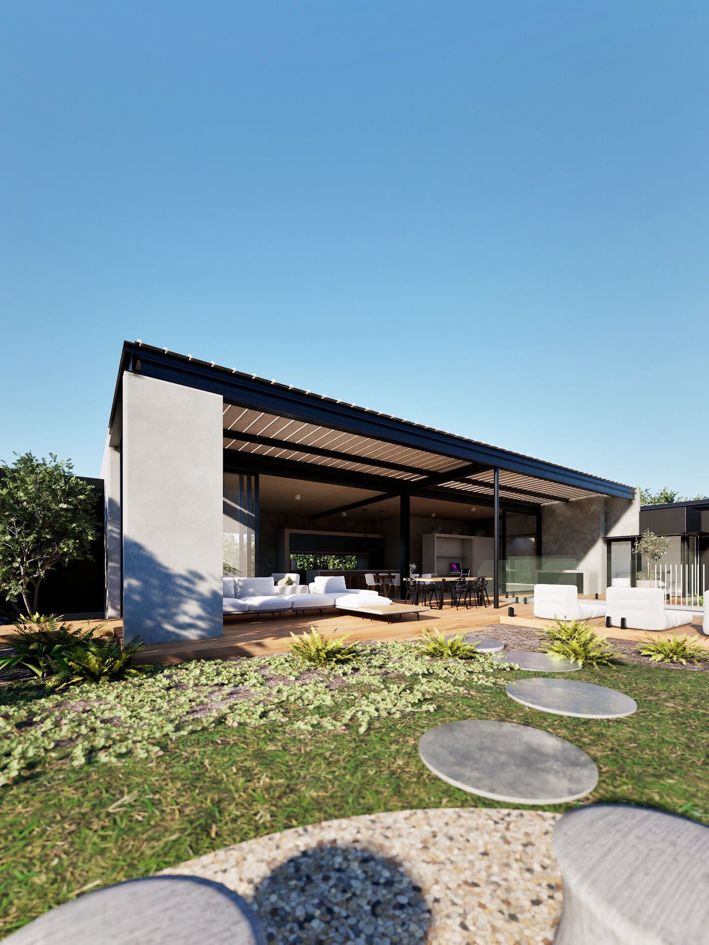 minimalist backyard design with deck seating and greenery.