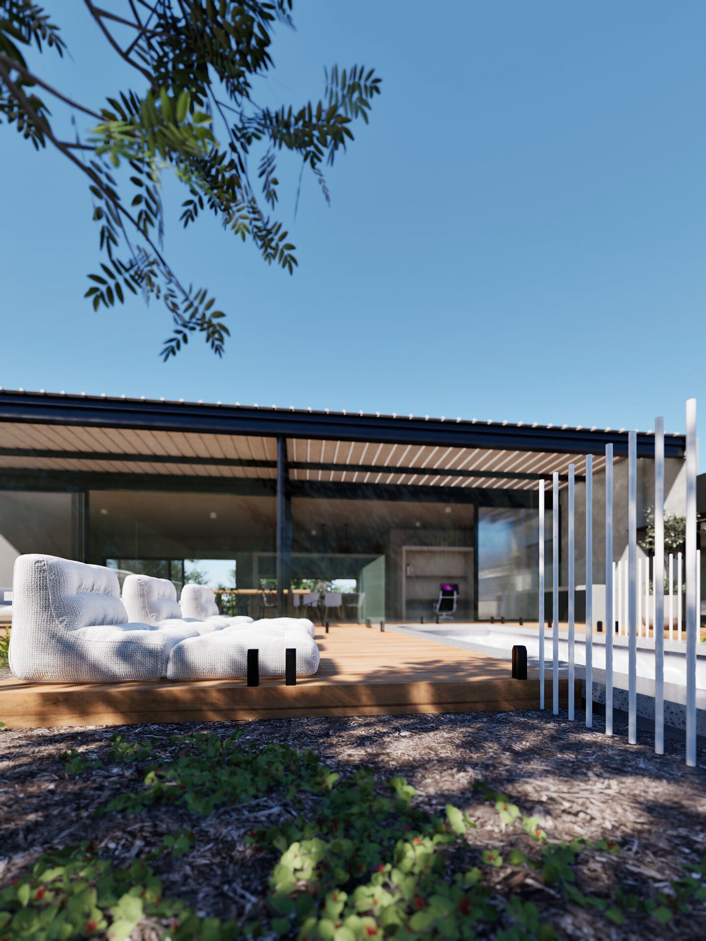 modern patio design with cantilever roof and open living space.