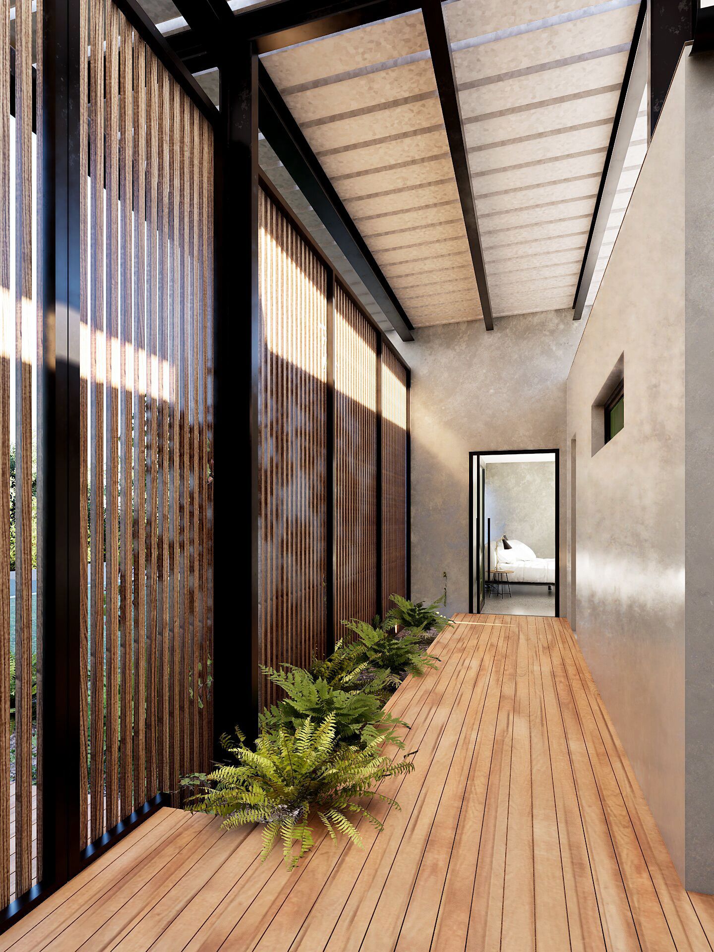 A wooden walkway lined with potted ferns, bordered by vertical metal slats and a light gray wall, leading to a doorway.