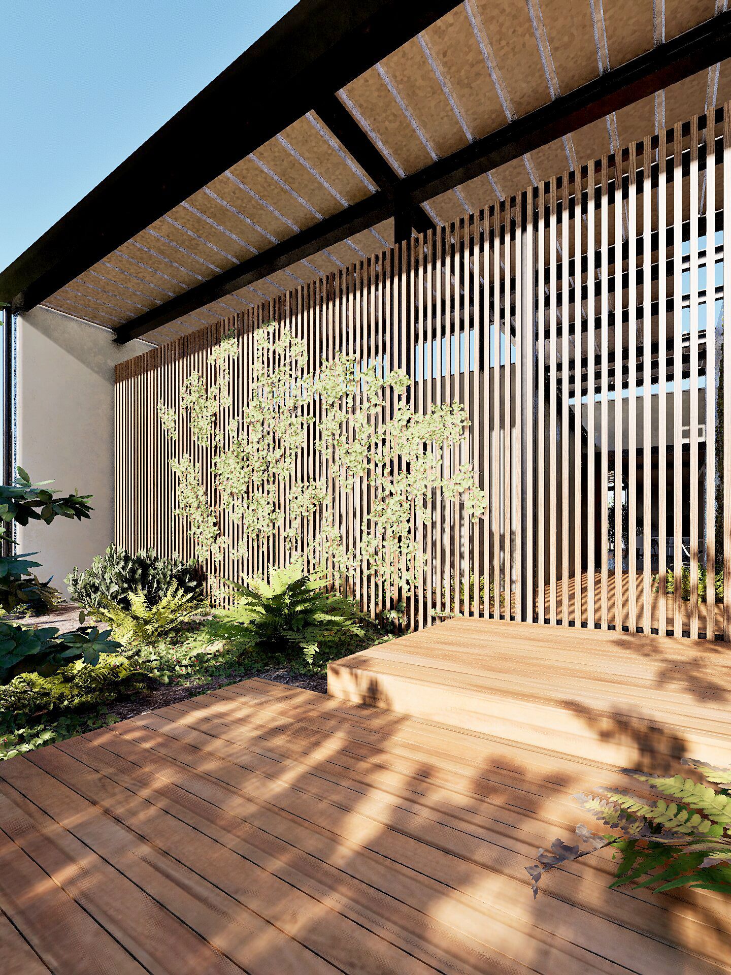 modern home with timber slatted facade and courtyard design.