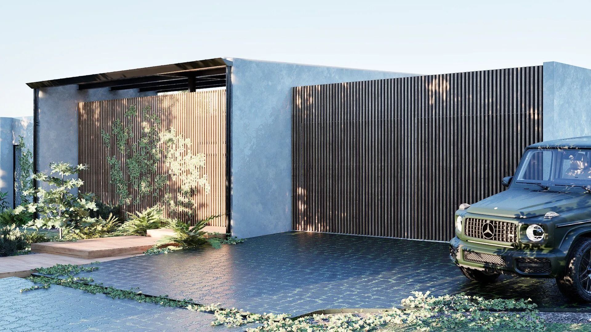 contemporary home facade with vertical slats and greenery design