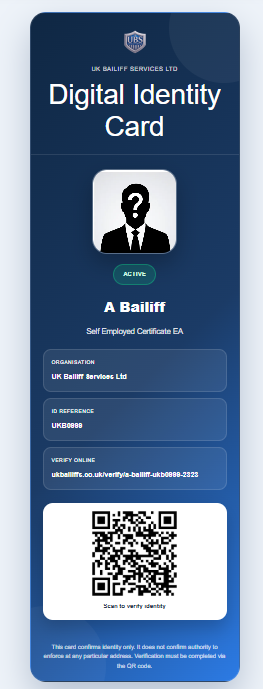 Illustrative UK Bailiffs digital ID sample