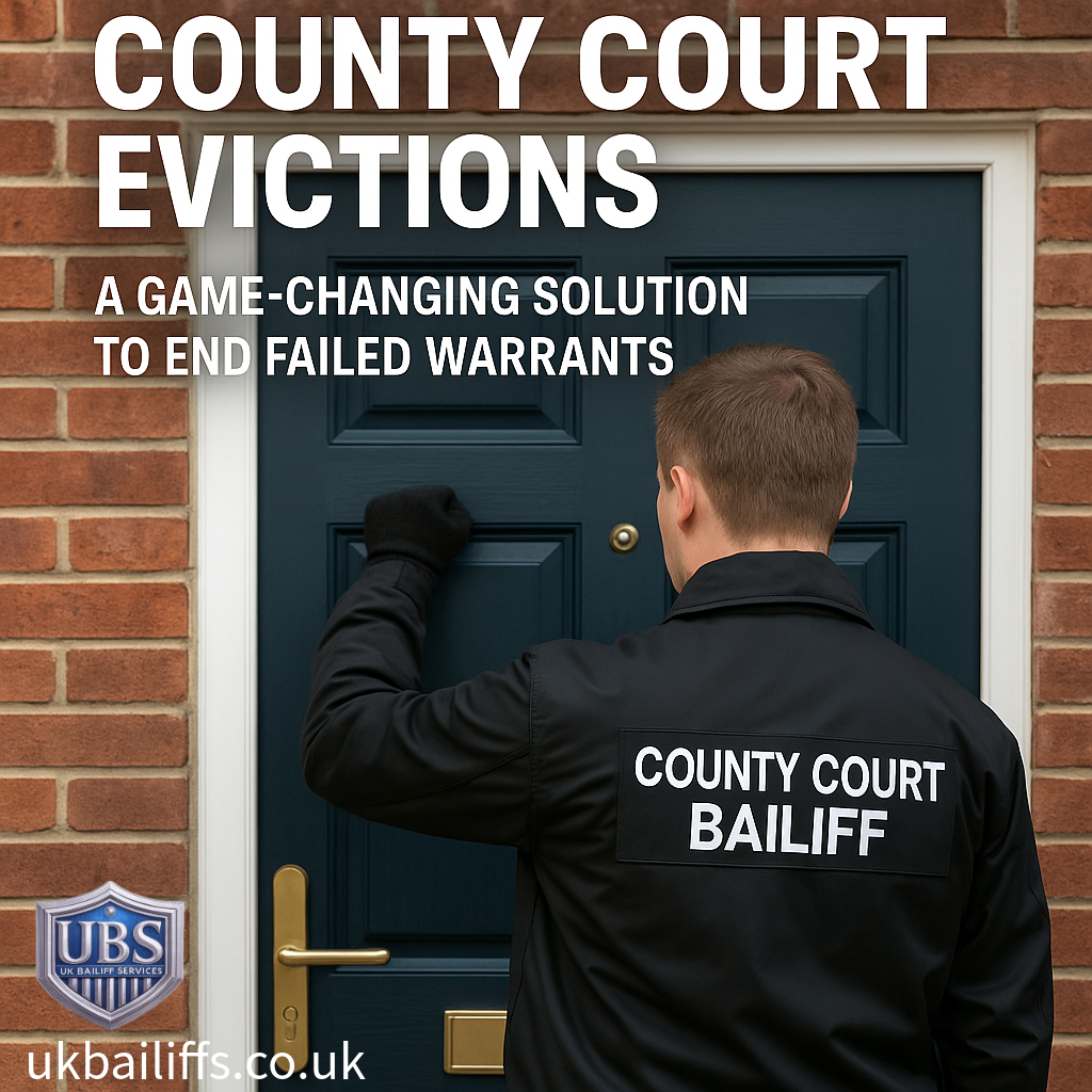 County Court bailiff at a doorway with support team